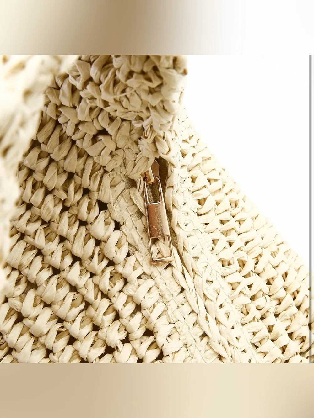 Woven Raffia Hobo Shoulder Bag - Half Moon Design Lightweight Zipper Closure
